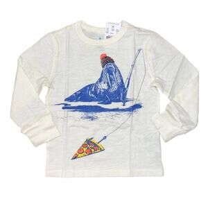 NWT J. Crew Boys' Ivory W/Fishing Pizza Walrus Graphic Long Sleeve Tee - SIZE 2